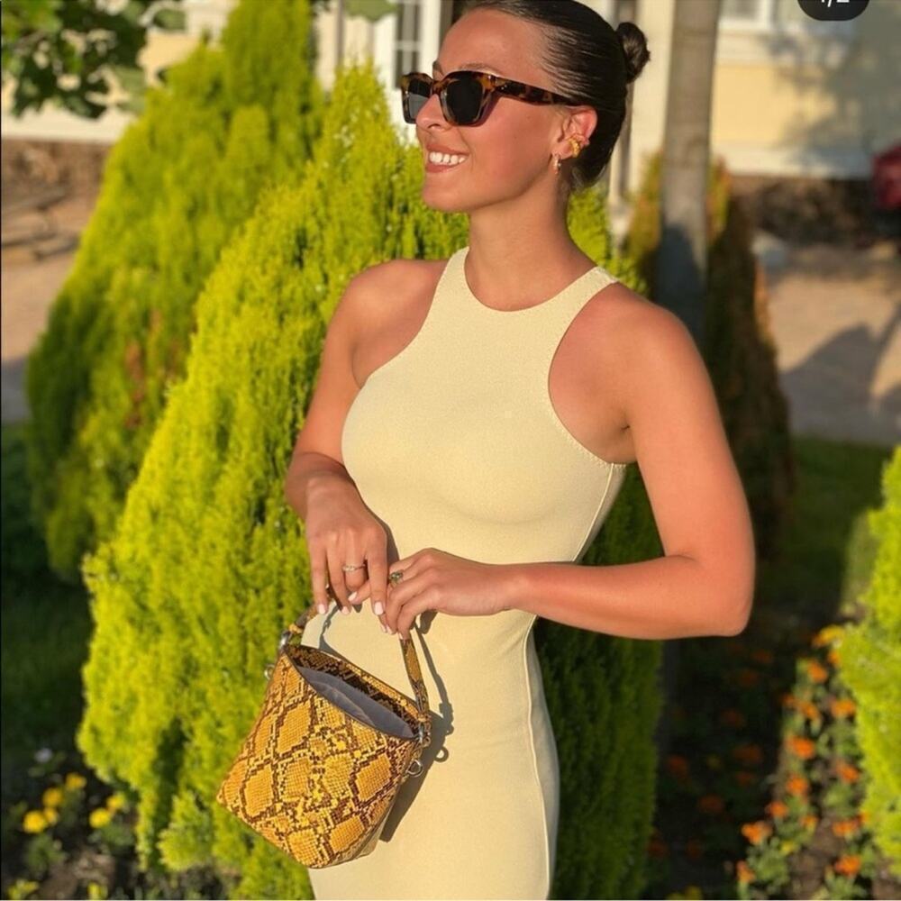 MNG Mango Yellow & Brown Snakeskin Texture Handheld Bucket Crossbody Bag Vegan